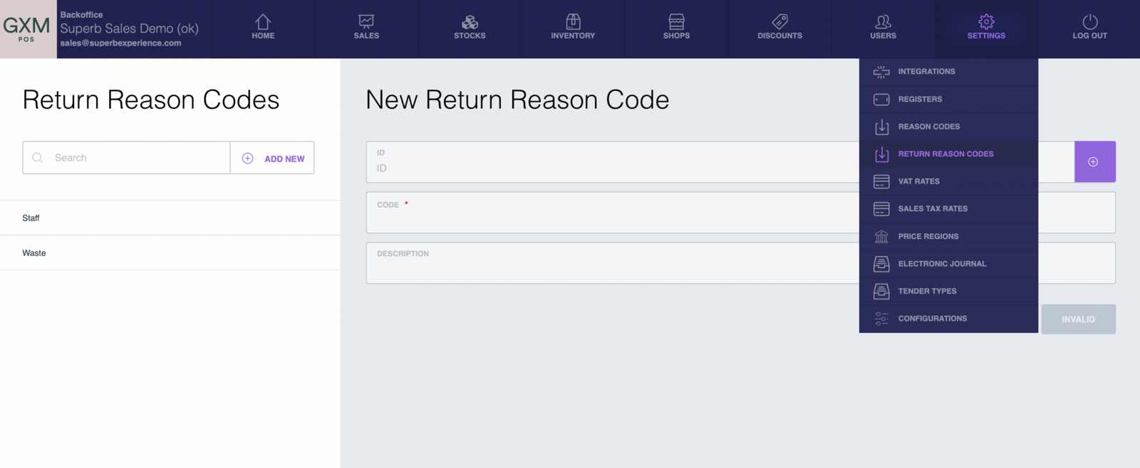 Return reason codes set up in POS Back Office
