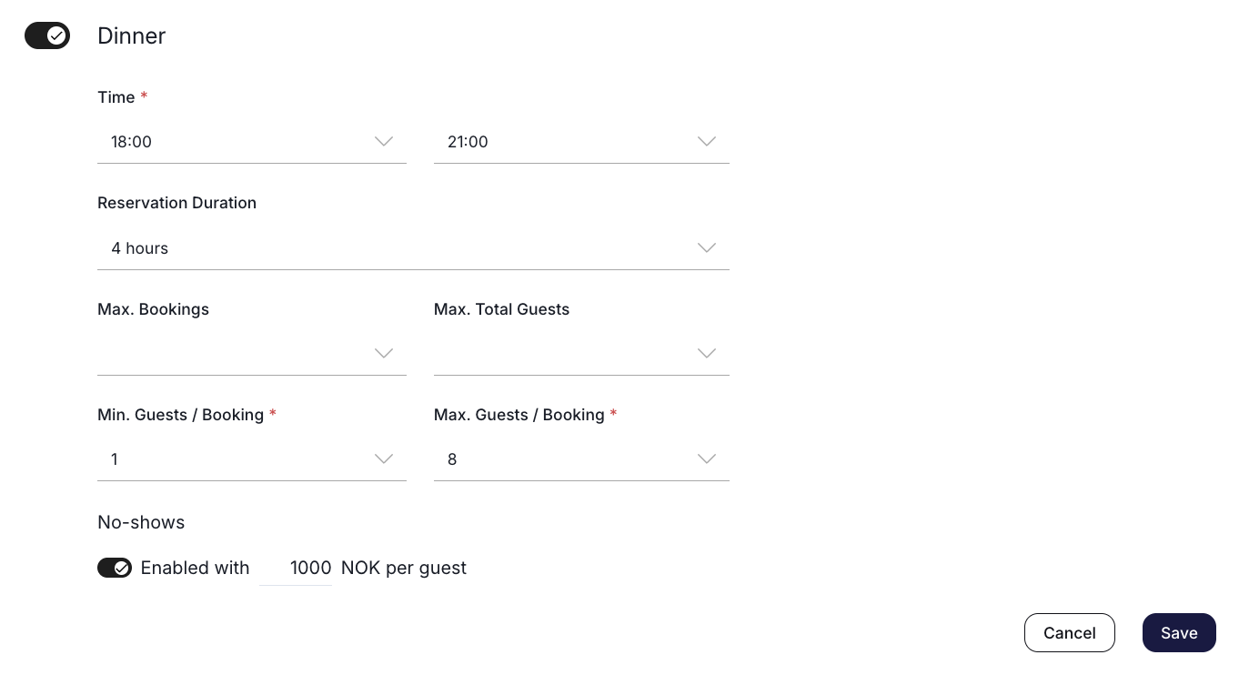 Setting the no-show fee amount in the restaurant's selected currency