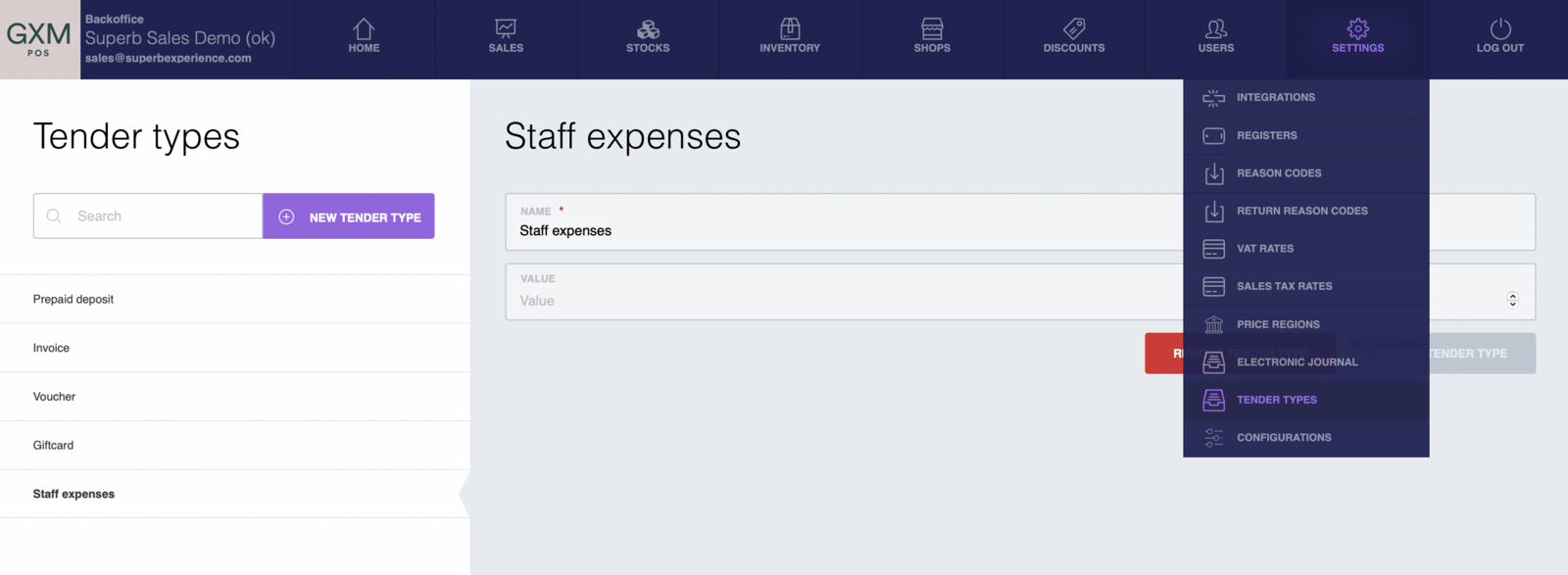 Tender types set up in POS Back Office